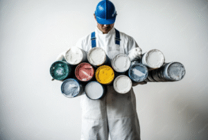 Painter carrying colorful paint cans